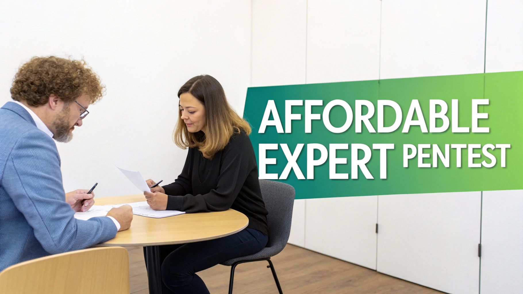 Two professionals, a man and a woman, reviewing documents at a table with an 'AFFORDABLE EXPERT PENTEST' banner.