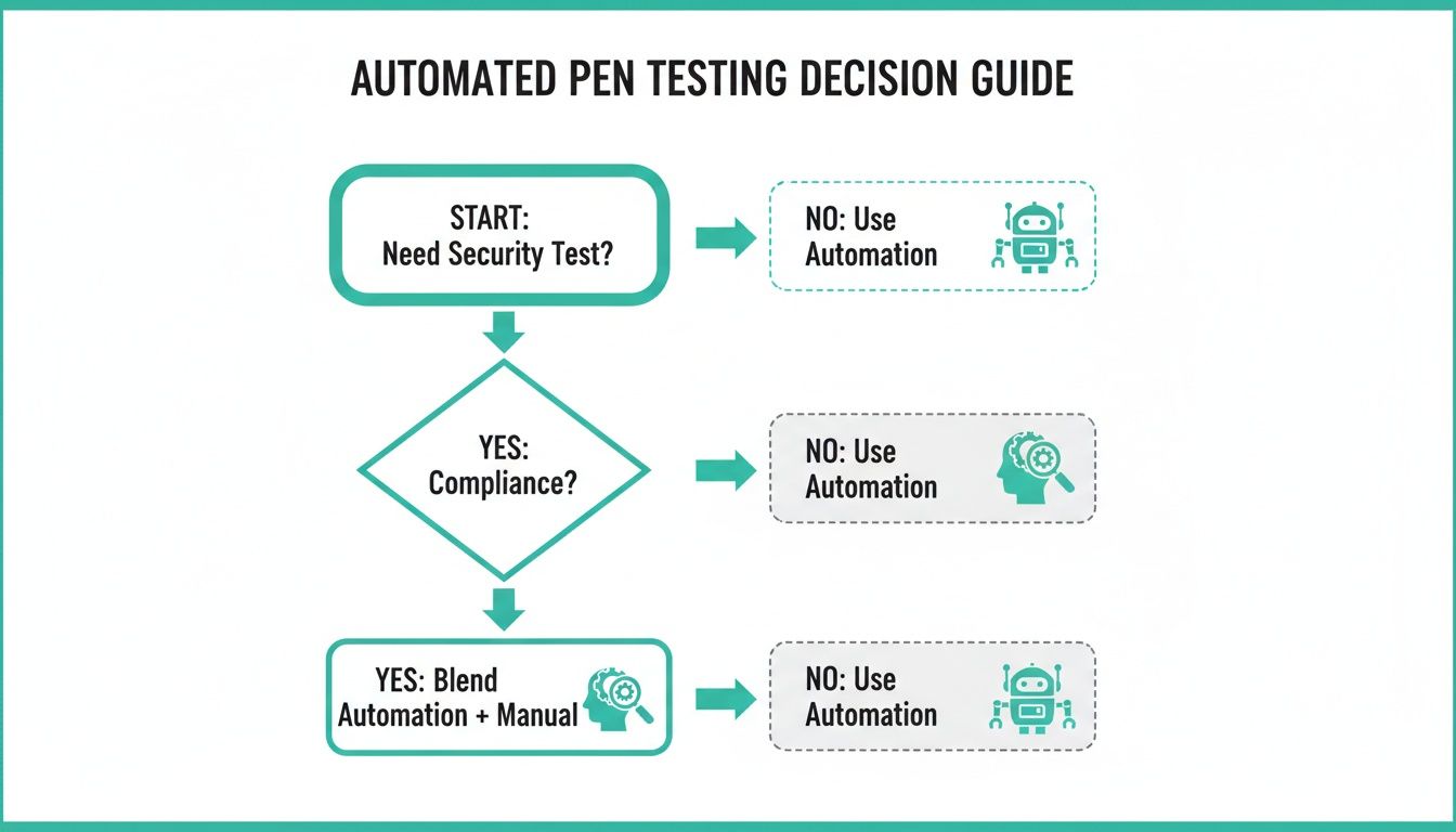 Flowchart outlining an automated pen testing decision guide, including options for automation, manual, and blended approaches.