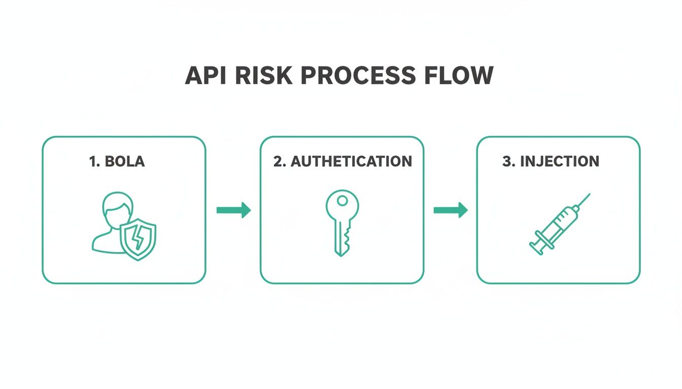 Diagram showing API risk process flow with three steps: BOLA, Authentication, and Injection.