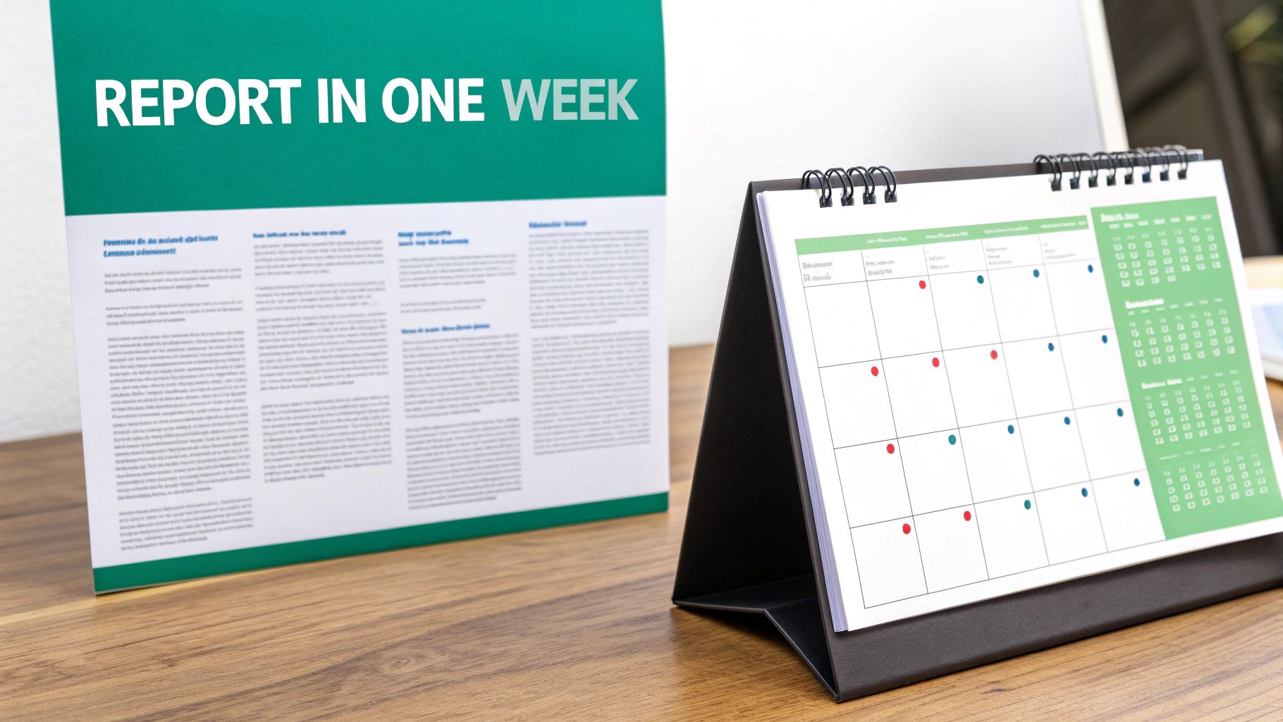 A green report file with 'REPORT IN ONE WEEK' text next to a desk calendar with marked dates.