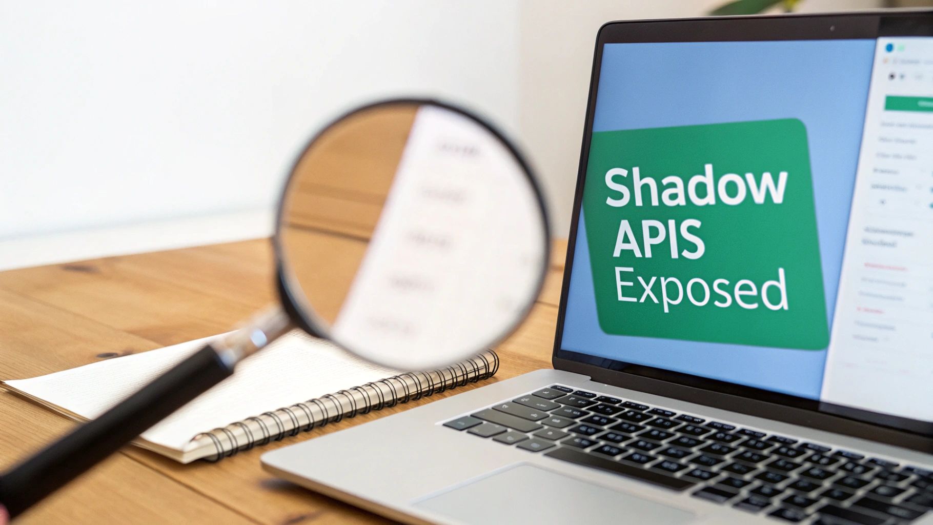 A laptop screen displays 'Shadow APIS Exposed' next to a magnifying glass and notepad on a wooden desk.