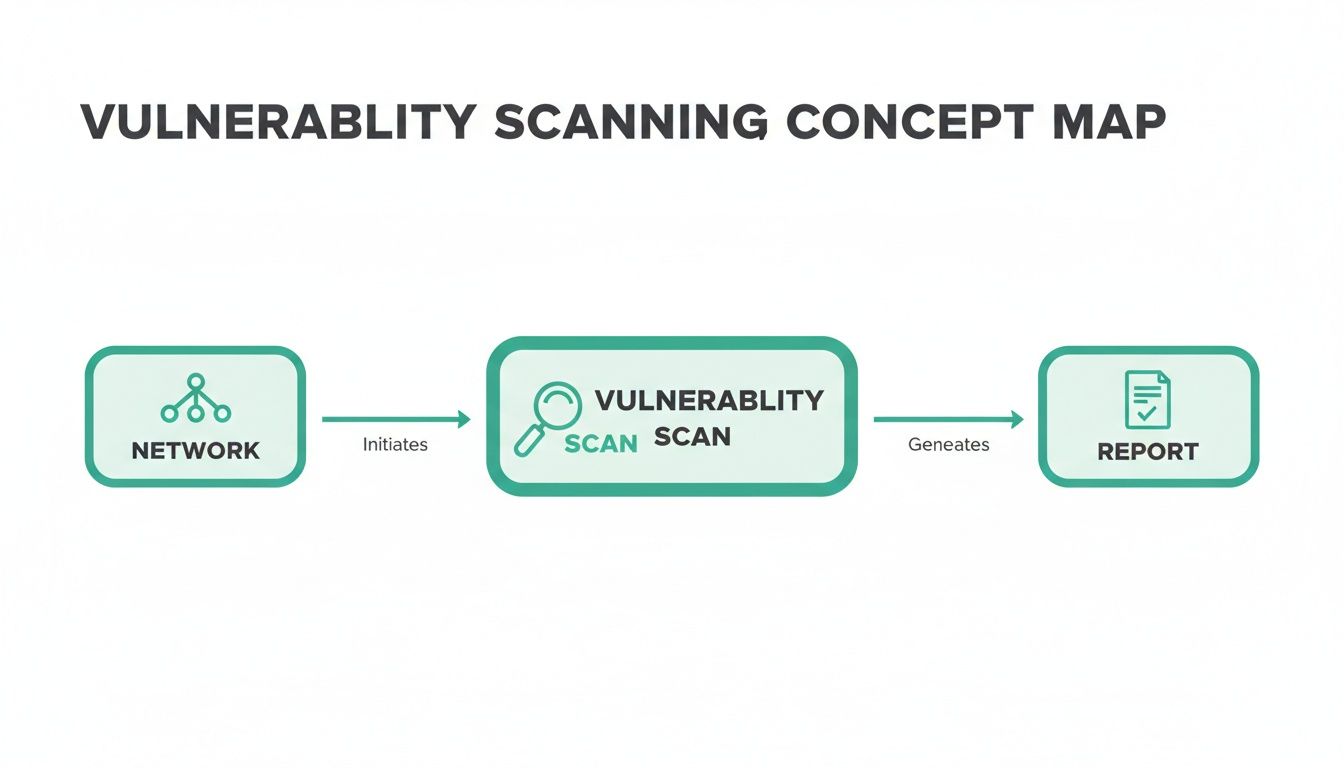 A concept map showing the vulnerability scanning process from network initiation to report generation.