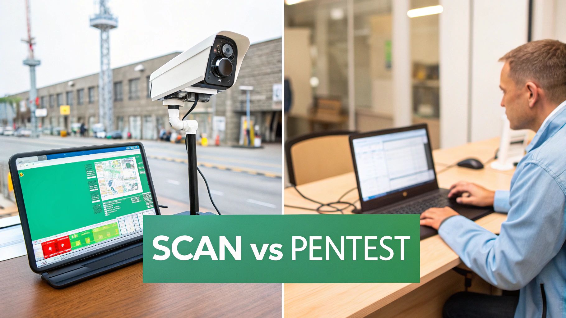 Visual comparison of 'SCAN vs PENTEST' showing a security camera, a vulnerability scan report, and a cybersecurity expert.