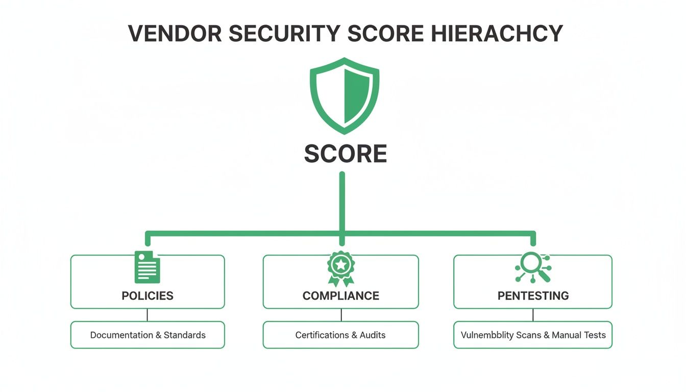 Diagram showing vendor security score hierarchy, detailed by policies, compliance, and pentesting components.