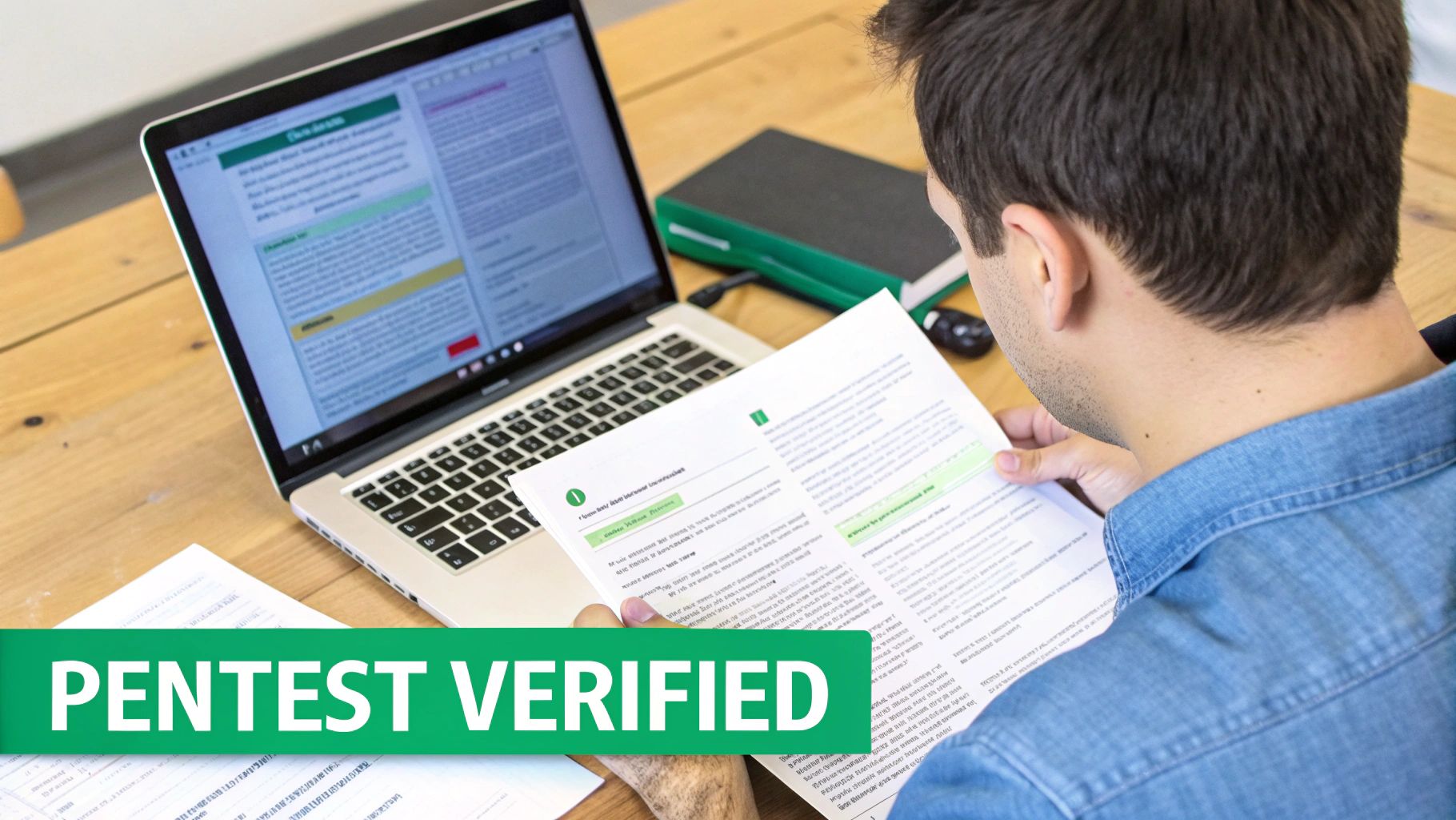 Man reviews a 'PENTEST VERIFIED' document and laptop screen on a wooden desk.