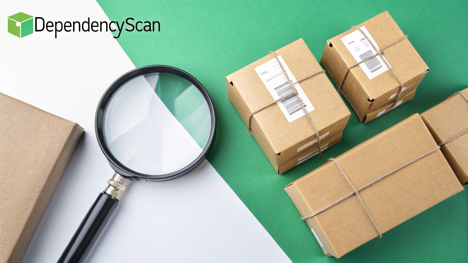 A magnifying glass inspecting several brown cardboard packages, suggesting security scanning or review.