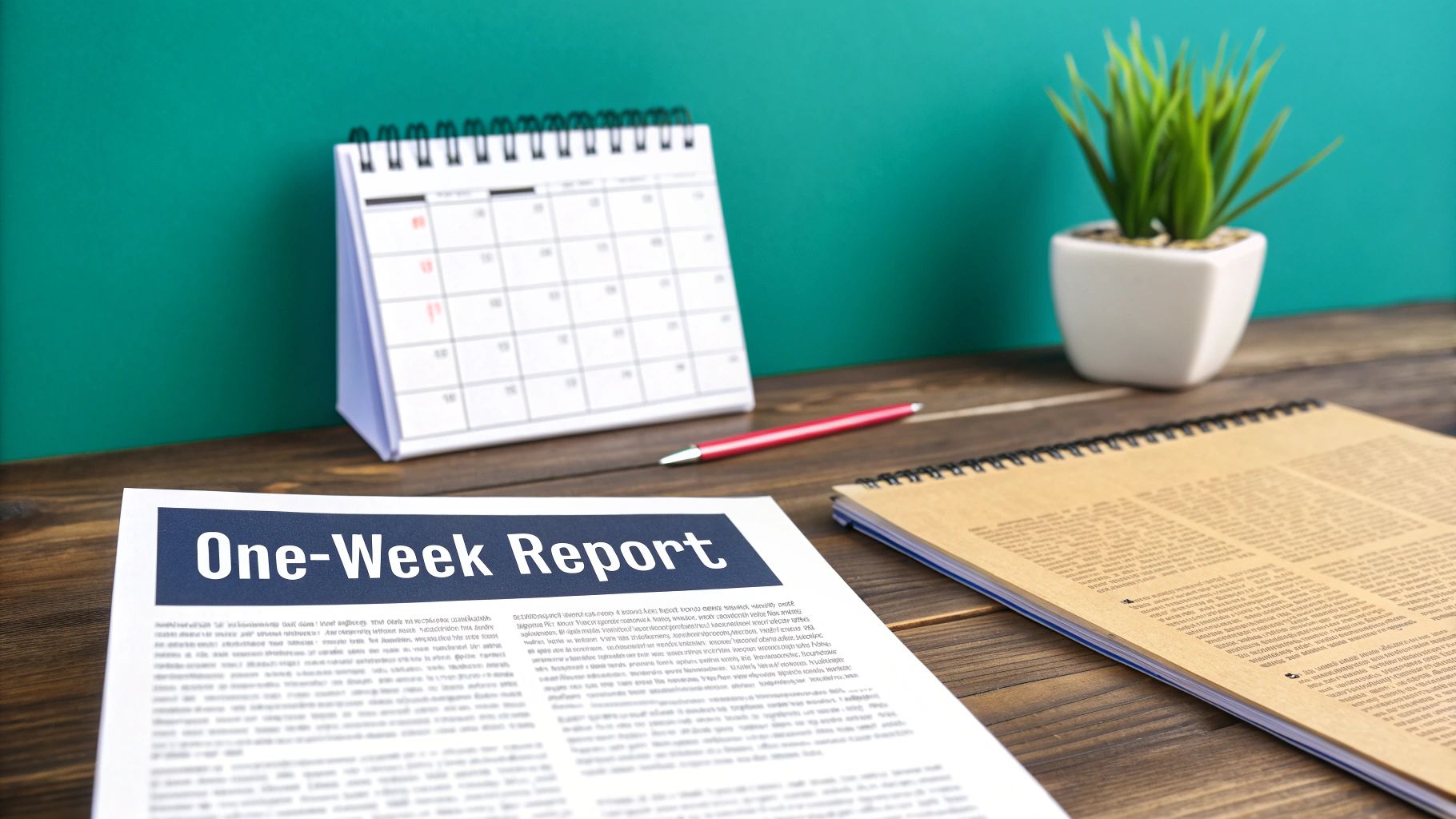 A desk setup with a 'One-Week Report' document, calendar, pen, notebook, and a green plant.
