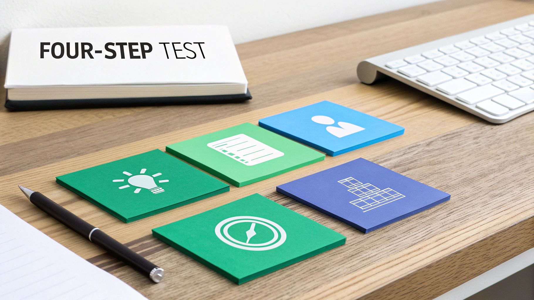 A desk with a 'FOUR-STEP TEST' book, keyboard, and five colorful cards with process icons.