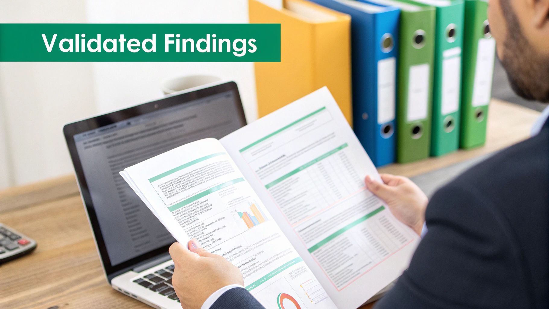 A person reviews a document titled 'Validated Findings' with a laptop and binders.