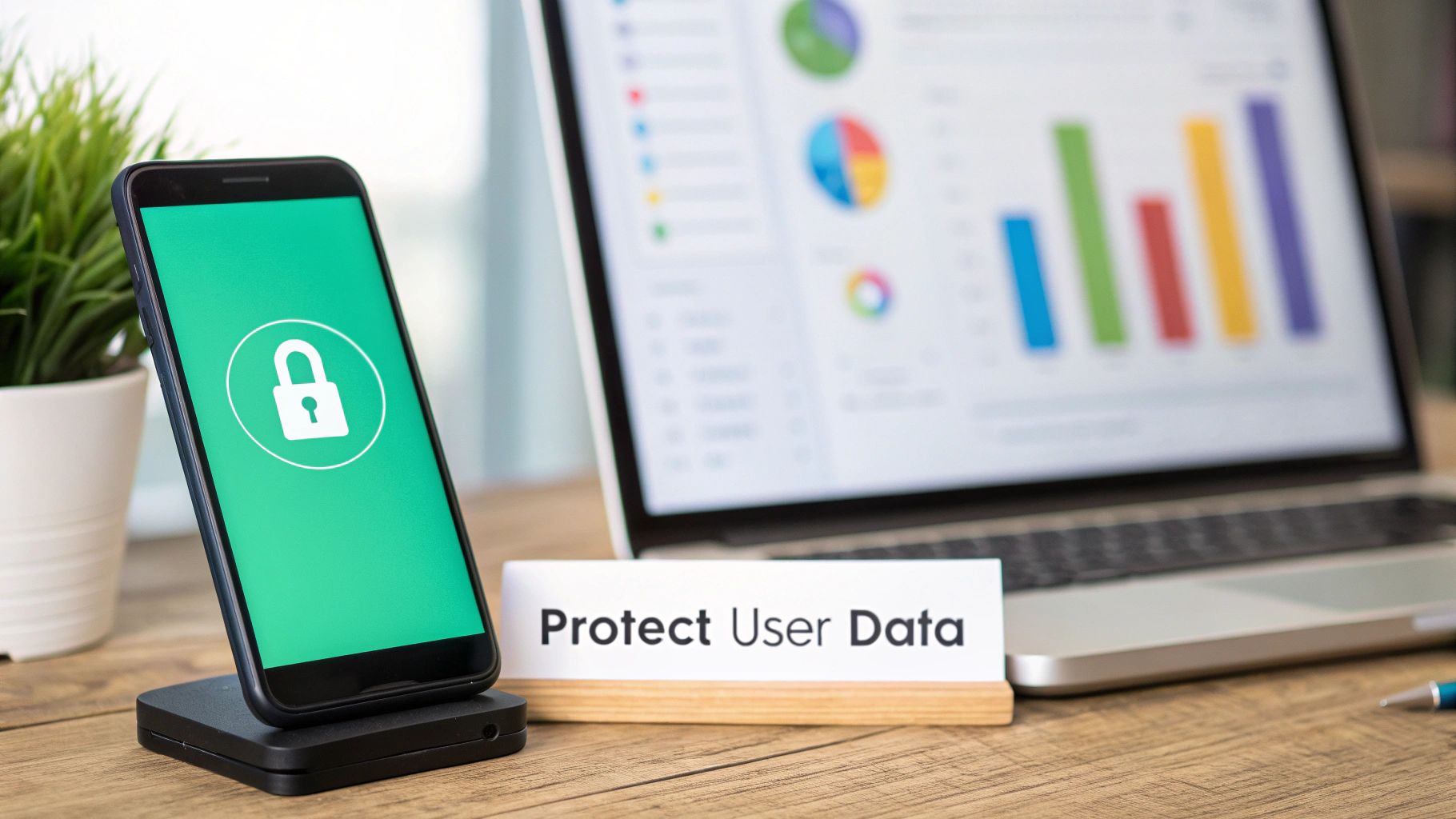 A smartphone showing a padlock icon, a 'Protect User Data' sign, and a laptop with data graphs.