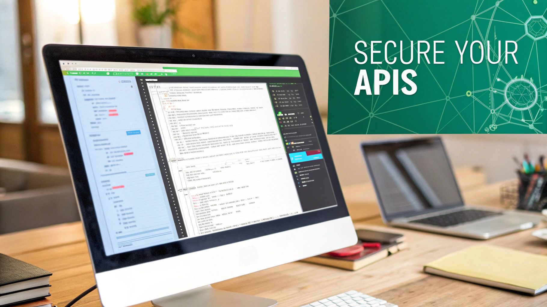 A computer screen displays code on a desk with a laptop, advertising 'SECURE YOUR APIS'.
