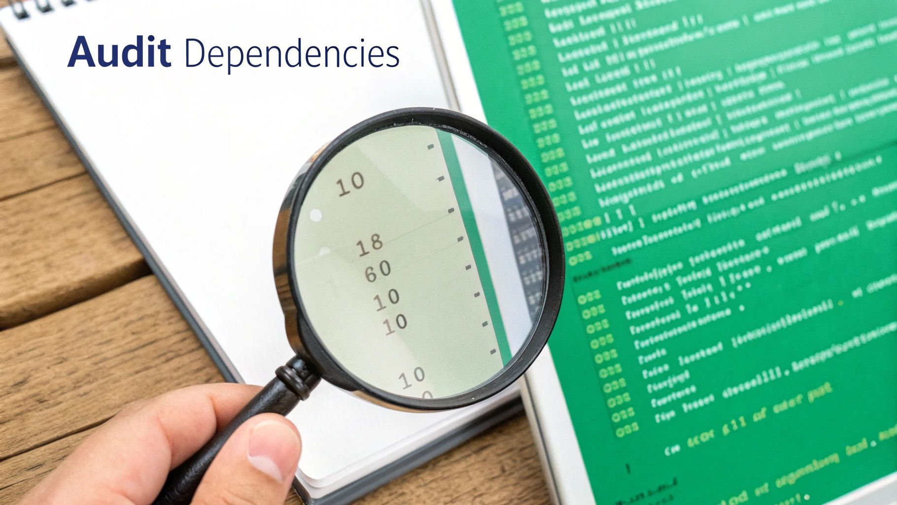 A hand holds a magnifying glass over a document, displaying "Audit Dependencies" and green screen code.
