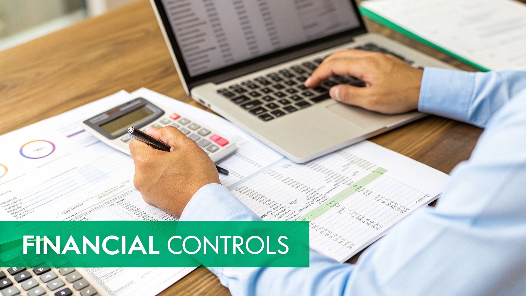 Accountant's hands working on financial controls with documents, calculator, and laptop.