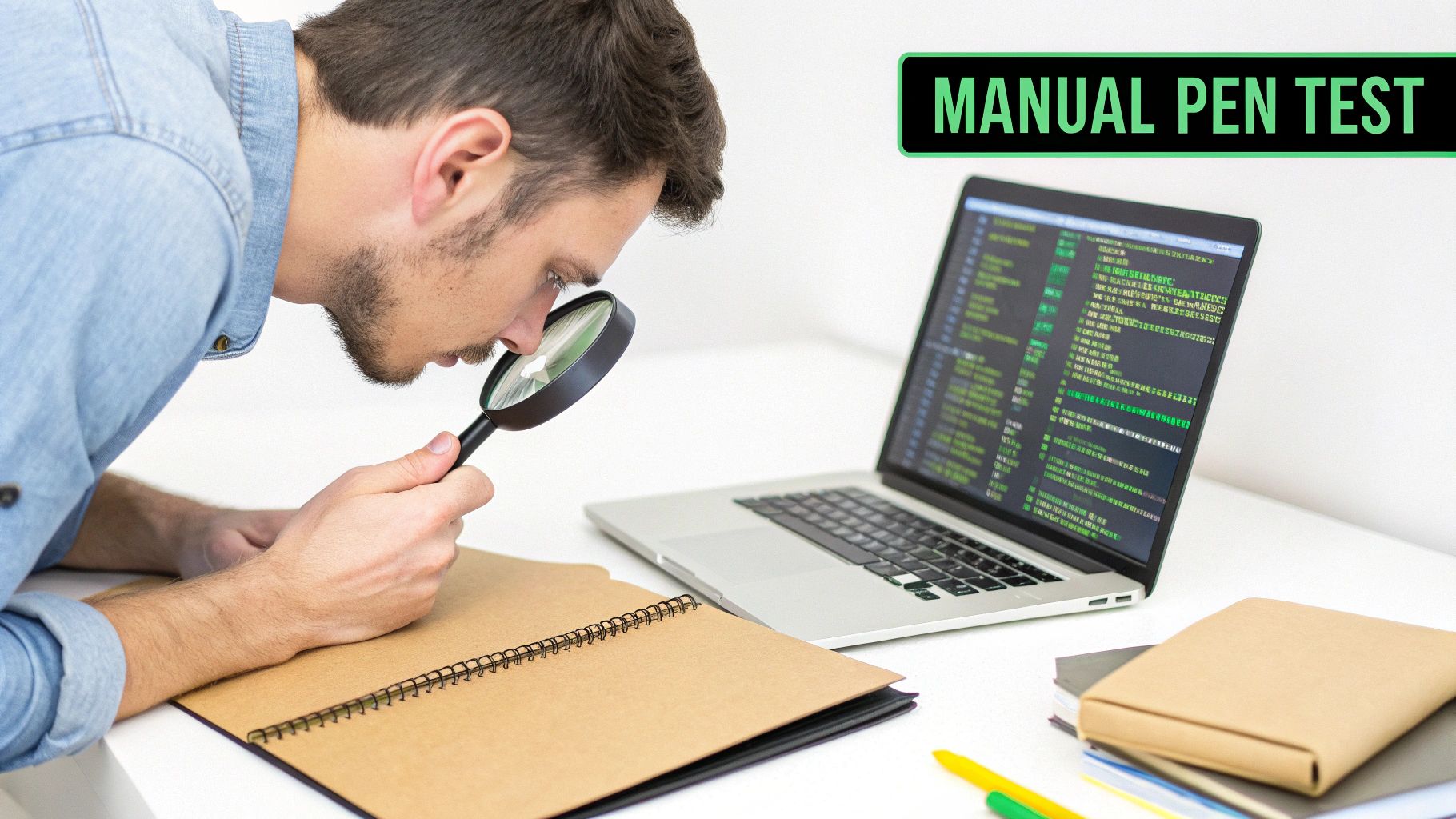 A man in a denim shirt inspects a notebook with a magnifying glass next to a laptop displaying code, with text 'MANUAL PEN TEST'.