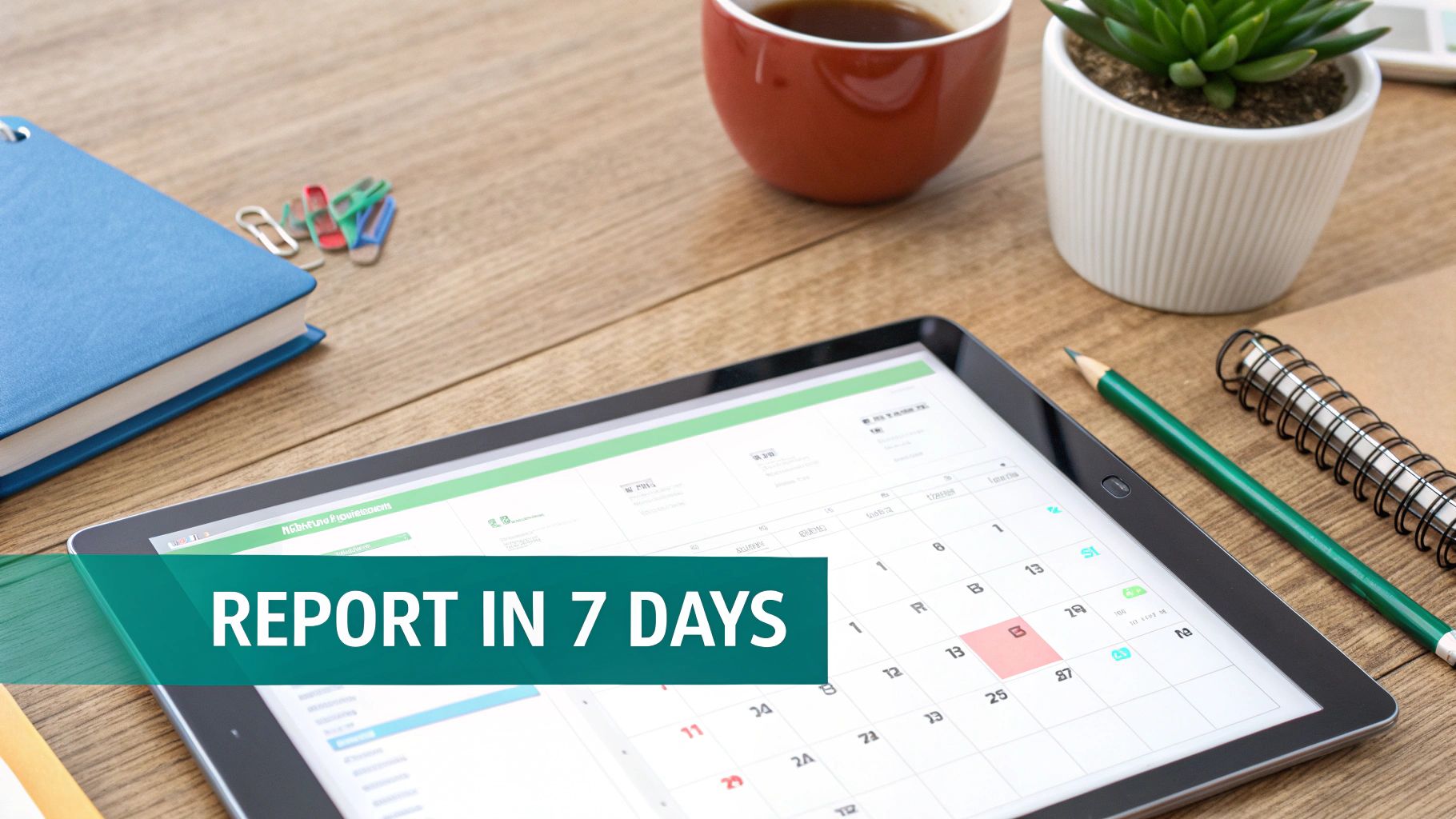 A wooden desk with a tablet displaying a calendar, coffee, plant, and 'REPORT IN 7 DAYS' text.