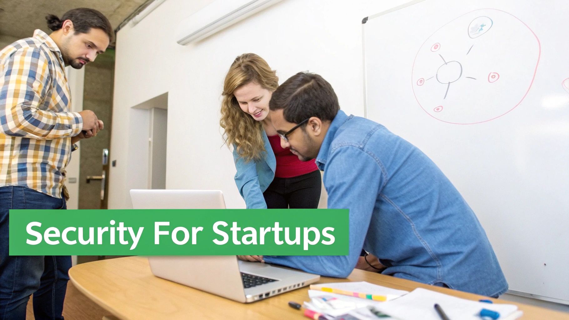 Three diverse professionals collaborating on a laptop in an office, with a whiteboard diagram, discussing startup security.