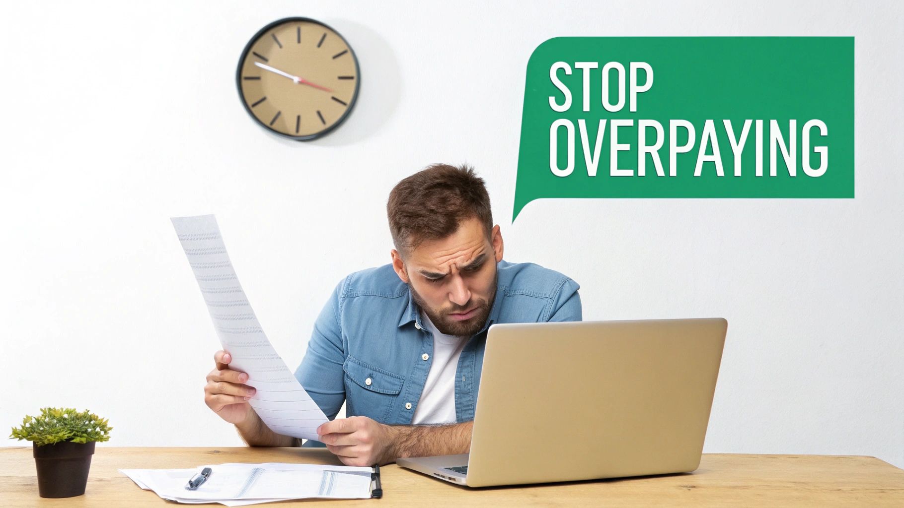 Stressed man reviewing bills and laptop at desk, with a speech bubble saying "STOP OVERPAYING."