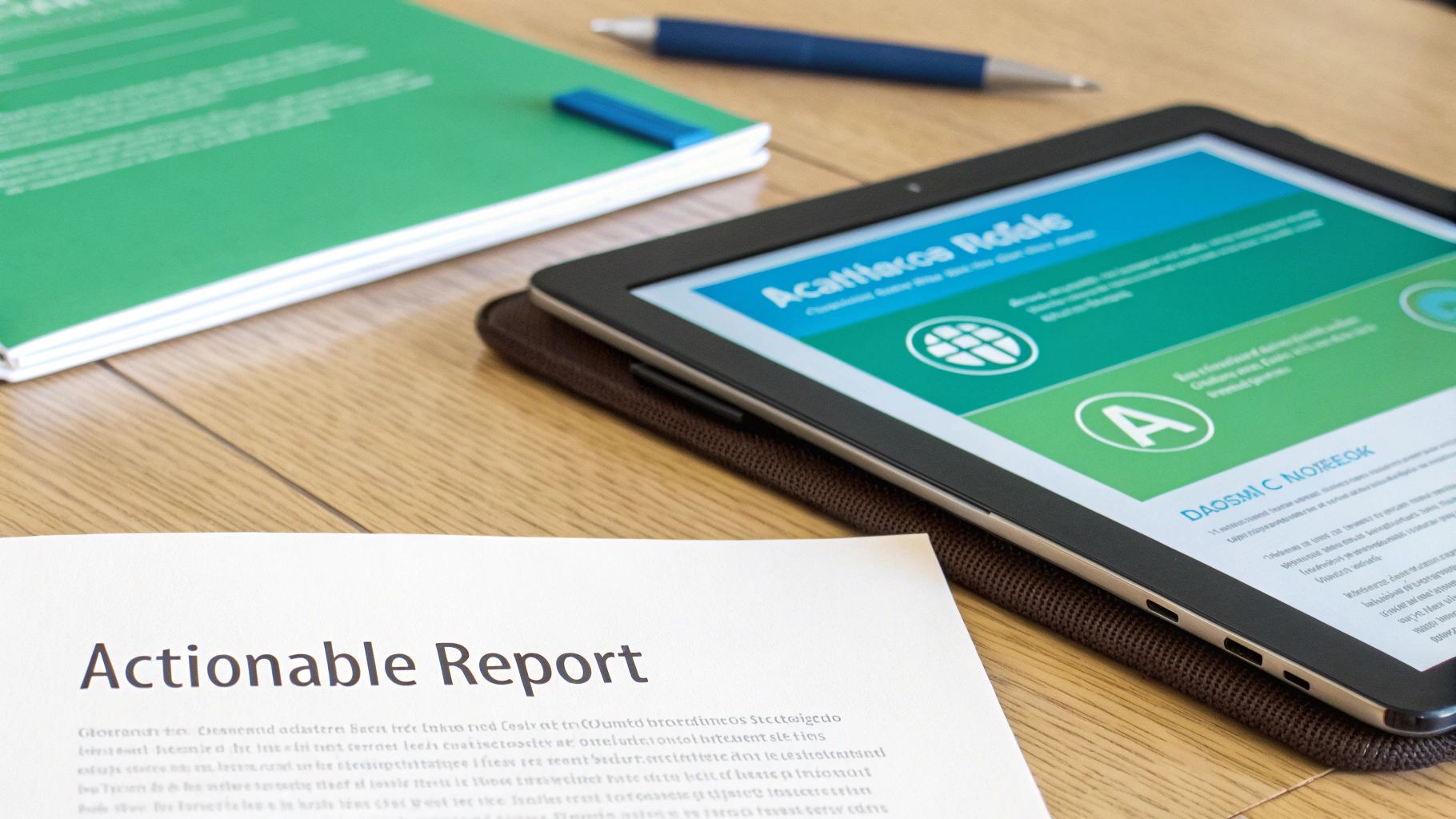 A close-up of a wooden desk with an 'Actionable Report' document, a tablet displaying data, a green notebook, and pens.