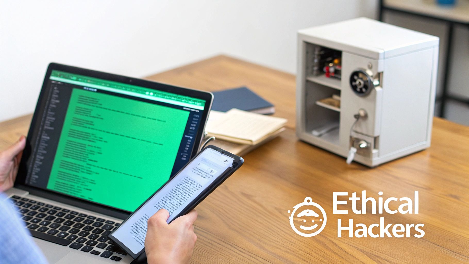 A person works on a laptop with green code and a smartphone, next to an open safe, highlighting ethical hacking.