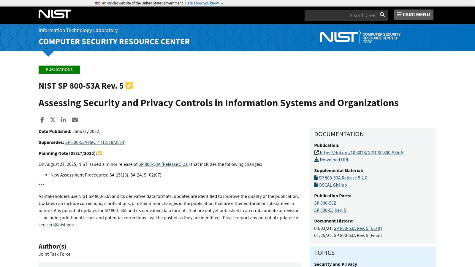 NIST – SP 800-53A and SP 800-171A Assessment Procedures