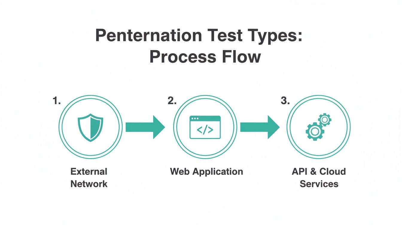 A process flow diagram illustrating three types of penetration tests: External Network, Web Application, and API & Cloud Services.