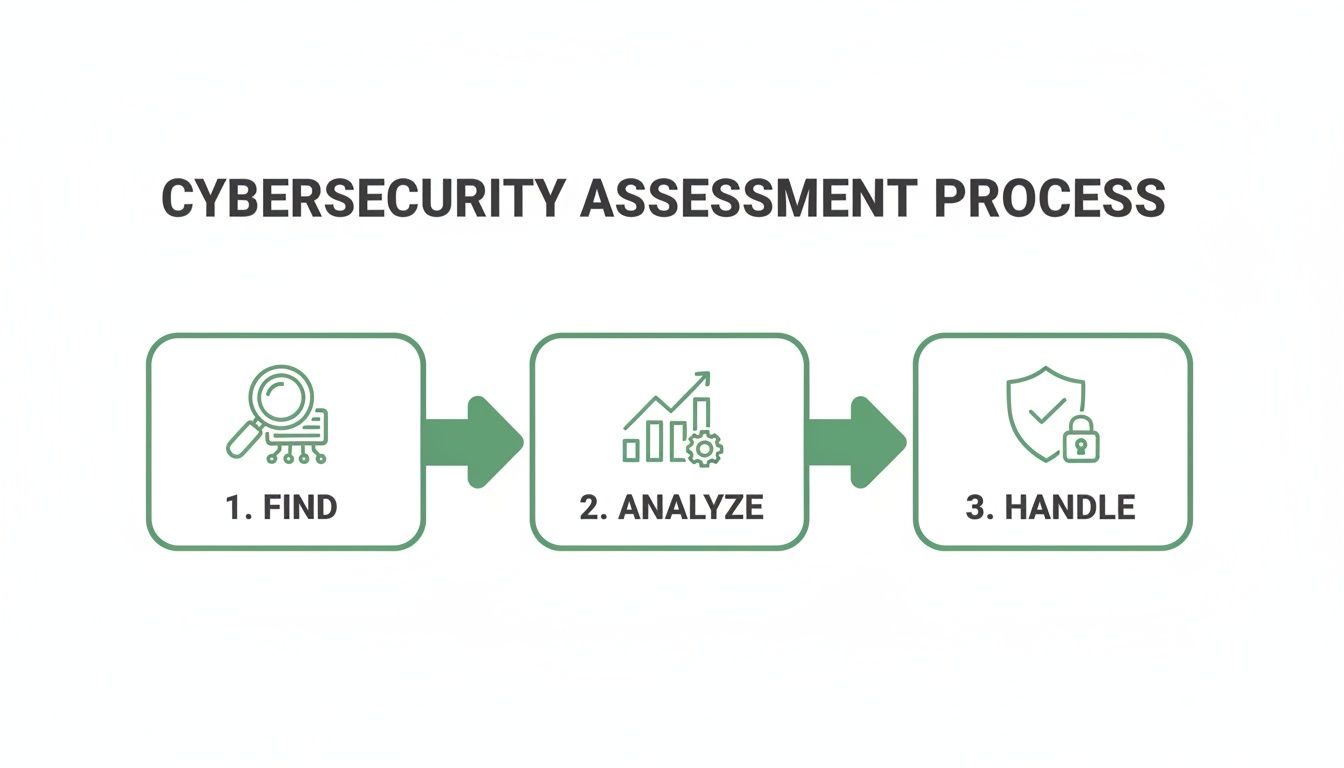 Diagram illustrating the cybersecurity assessment process, including steps: Find, Analyze, and Handle, each with a relevant icon.