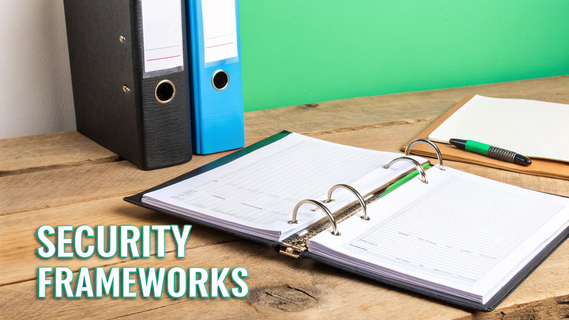 An office desk features black and blue binders, an open planner, and a pen, with 'SECURITY FRAMEWORKS' text.