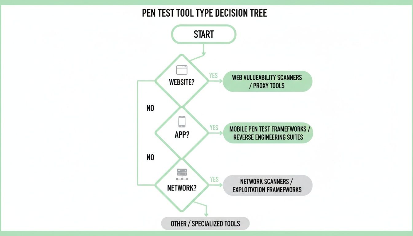 Decision tree for selecting pen test tools based on target: website, app, or network.