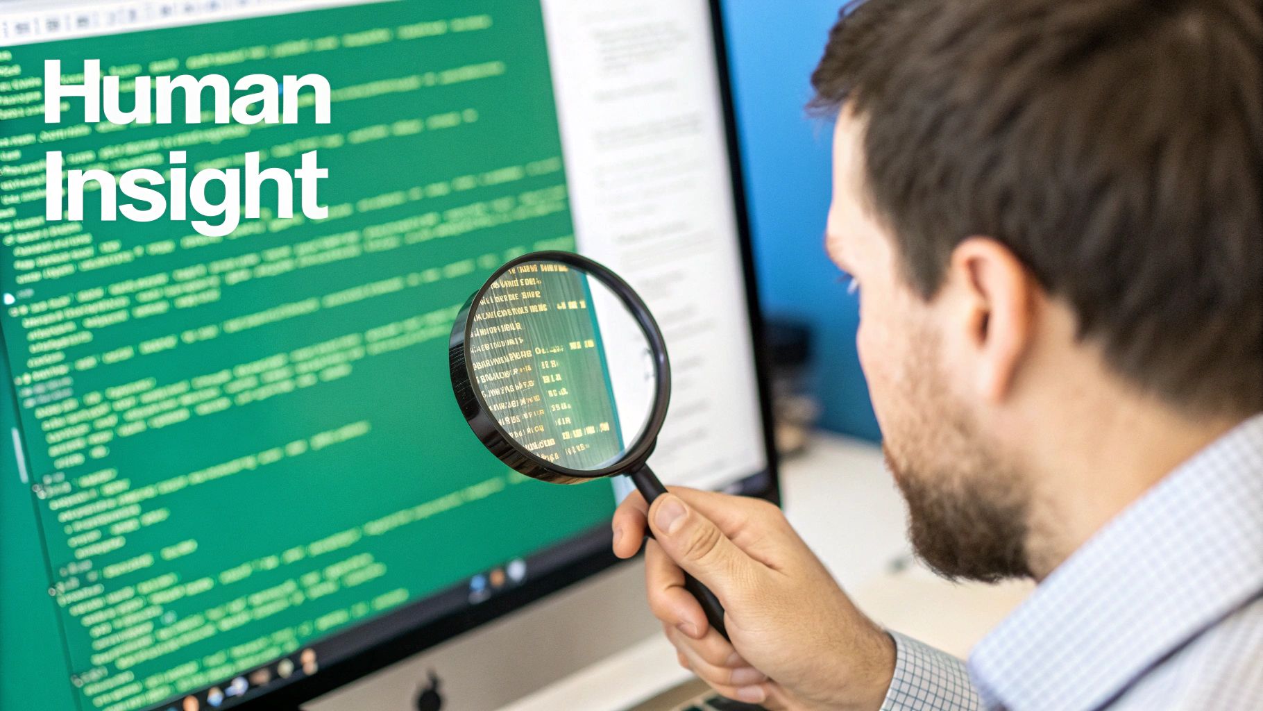 A man uses a magnifying glass to examine green code on a computer screen, with "Human Insight" text visible.