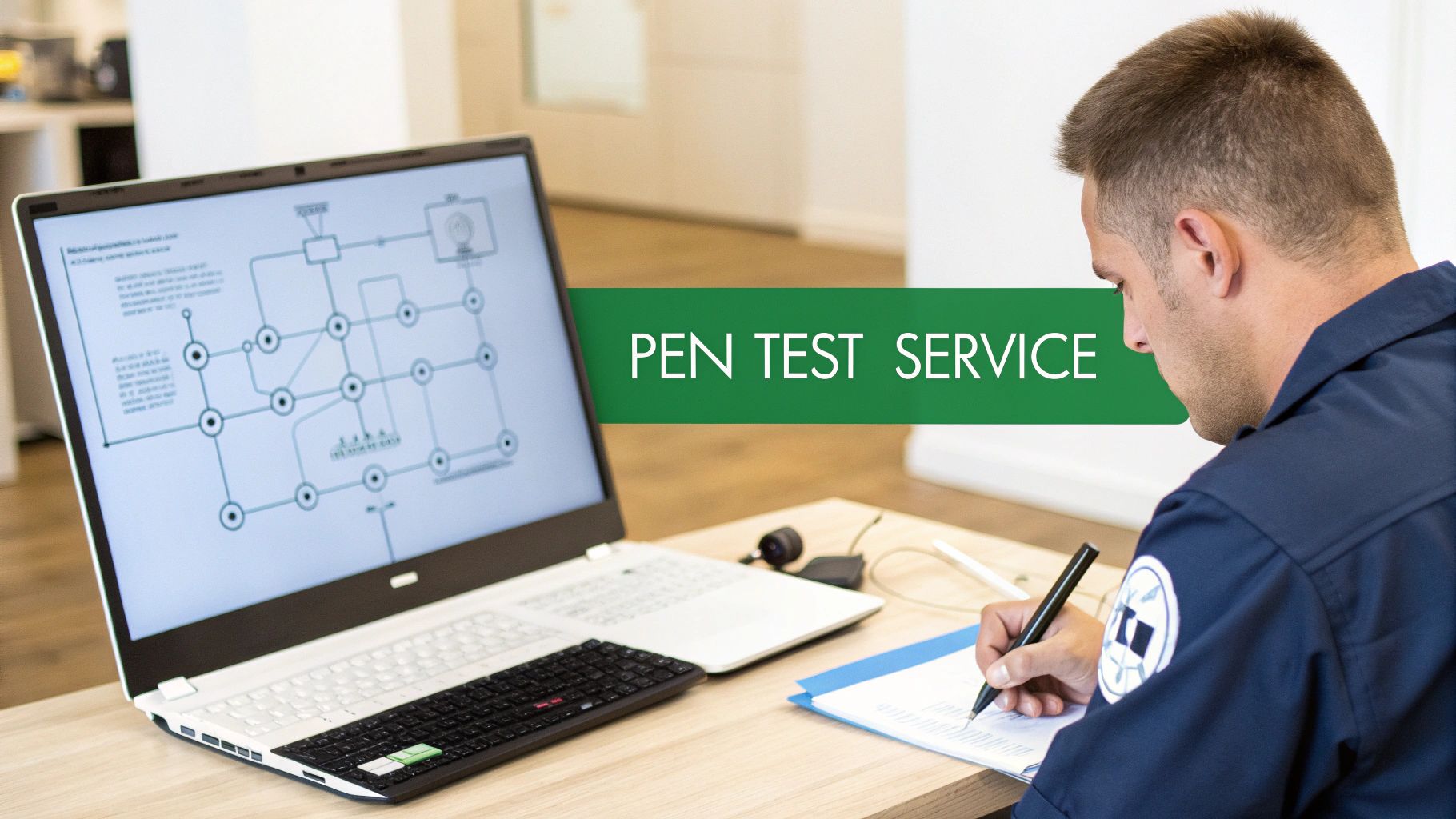 A professional performs a pen test service, working on a laptop displaying a network diagram and writing notes.