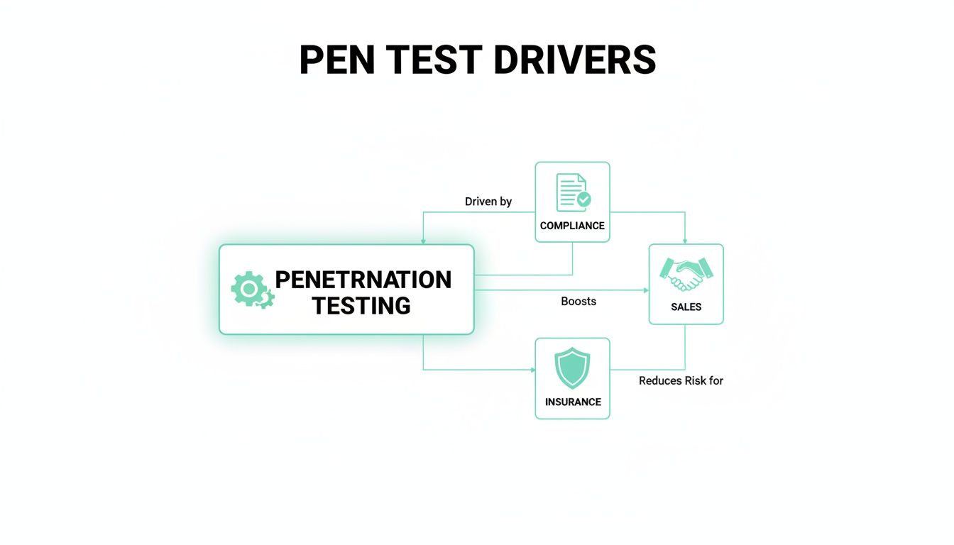 Diagram illustrating penetration test drivers: compliance, sales, and insurance, and their benefits.