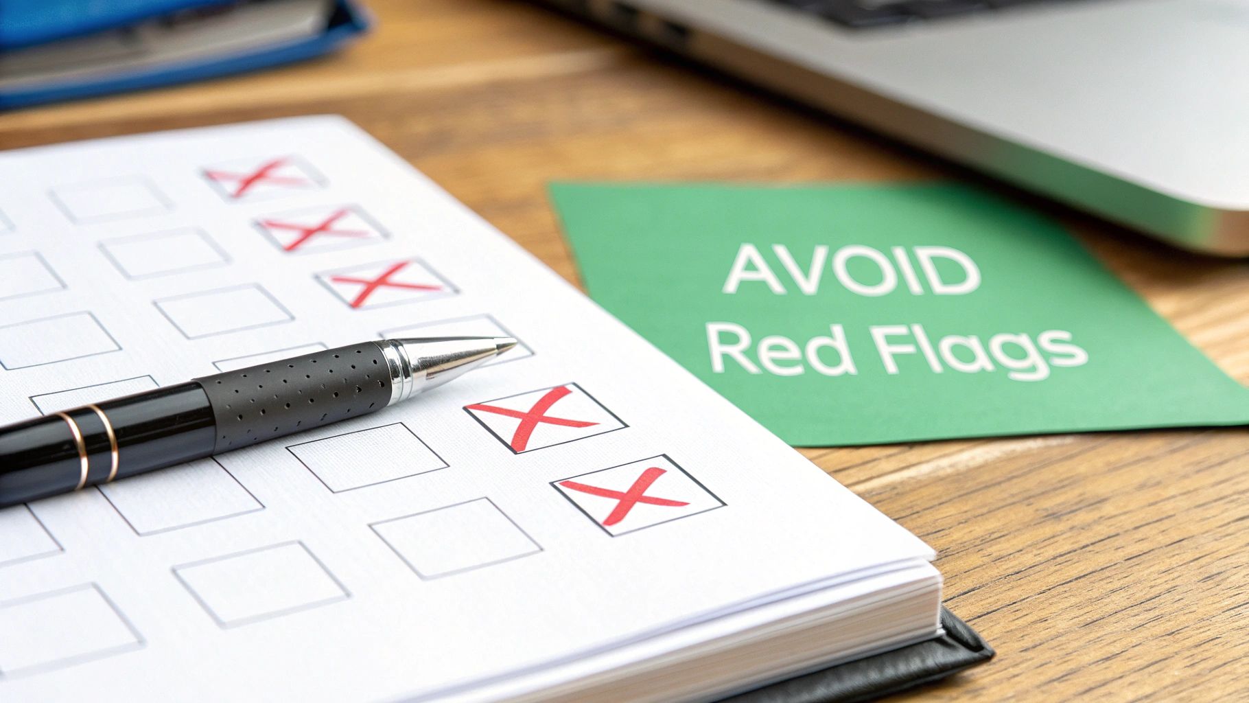 Pen on a notebook with red X's on a checklist, next to a "AVOID Red Flags" card.