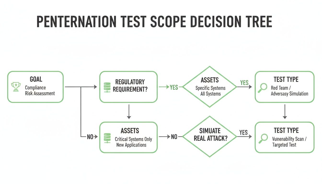 Decision tree flowchart for penetration test scope selection based on goals, regulatory needs, and attack simulation.