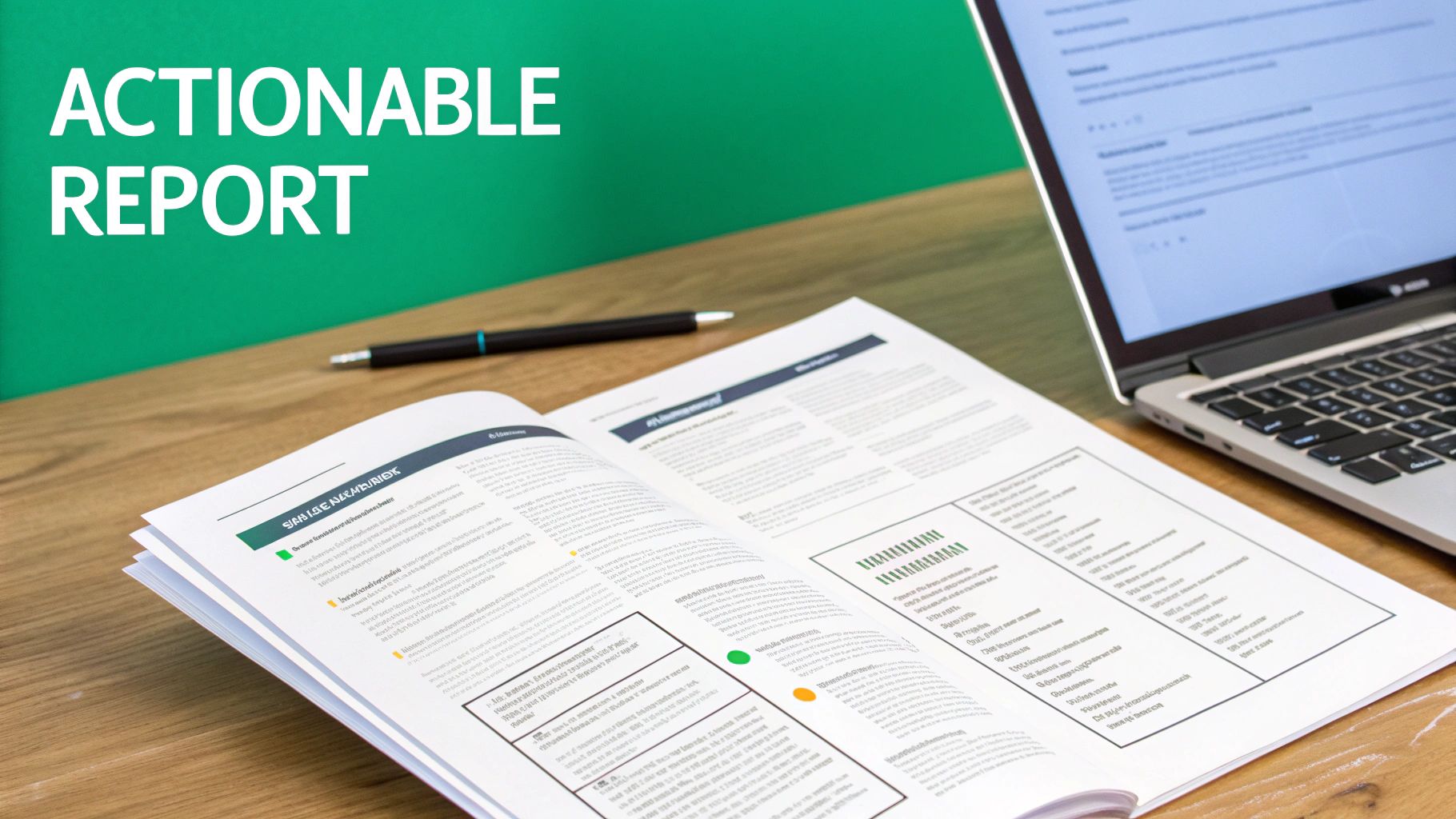 A professional desk setup featuring an open actionable report, a laptop, and a pen on a green background.