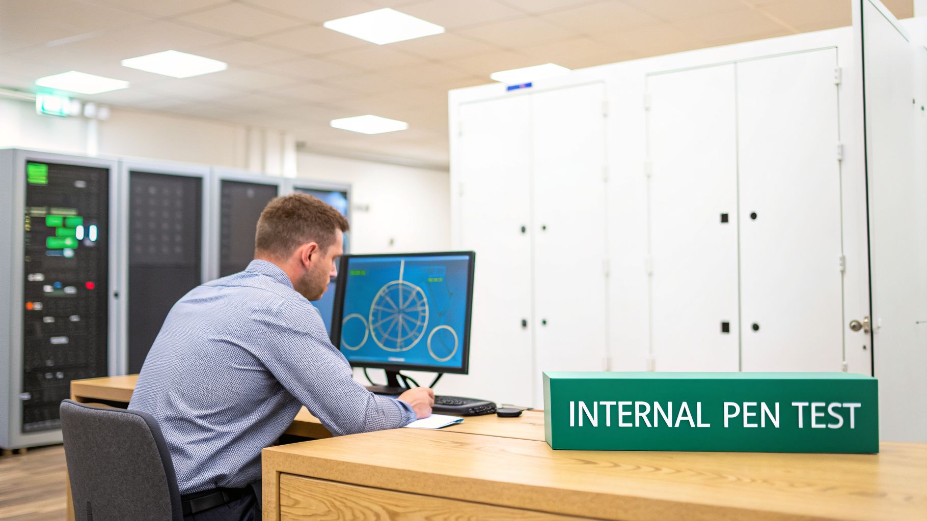 A man performs an internal penetration test in a server room, working on a computer with a prominent 'INTERNAL PEN TEST' sign.