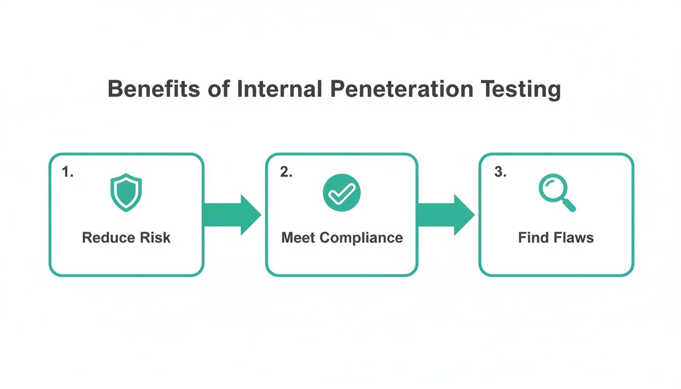 Infographic illustrating the three core benefits of internal penetration testing: reducing risk, meeting compliance, and finding flaws.