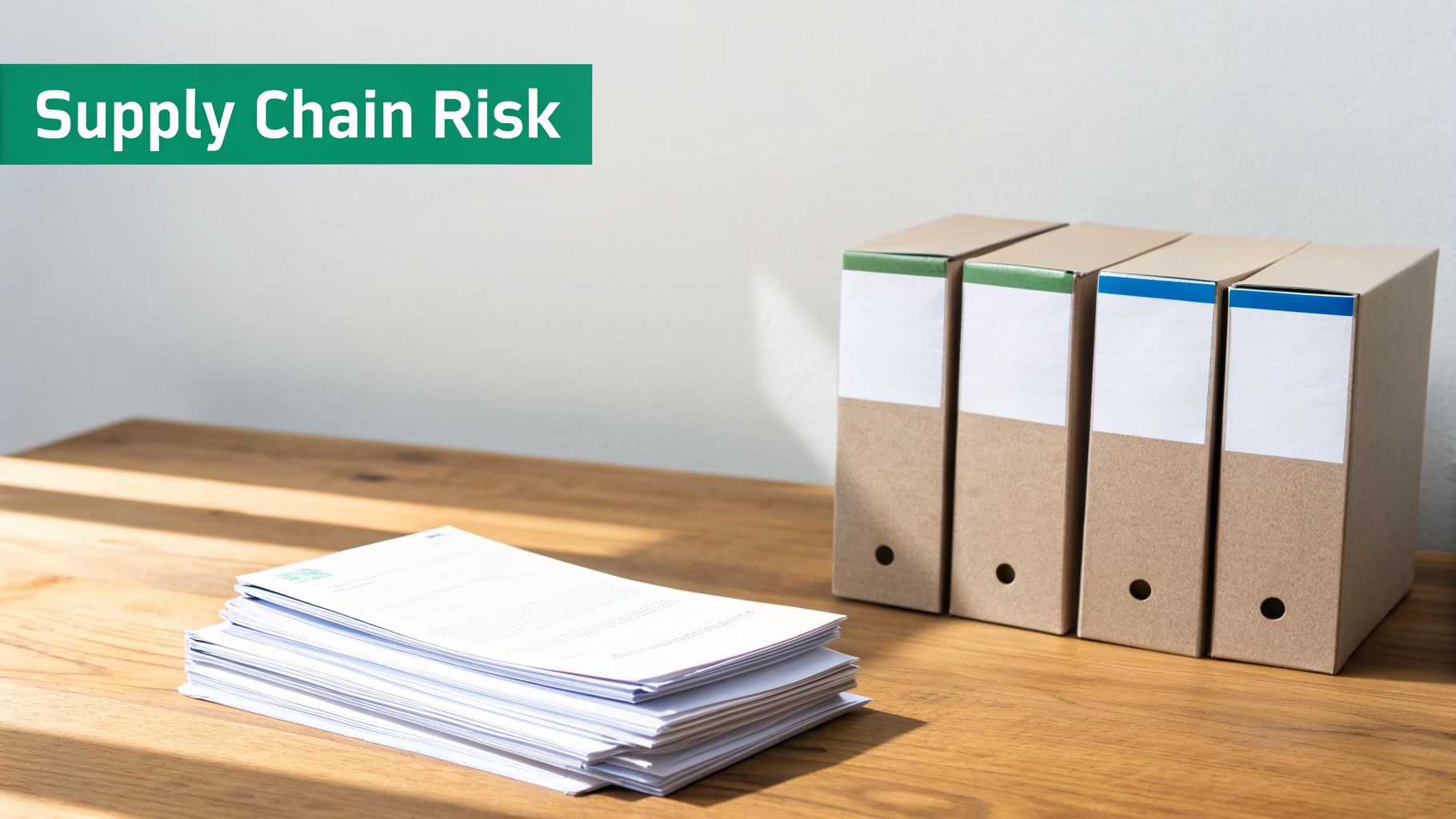 Green banner 'Supply Chain Risk' above a wooden desk with documents and organized file boxes.