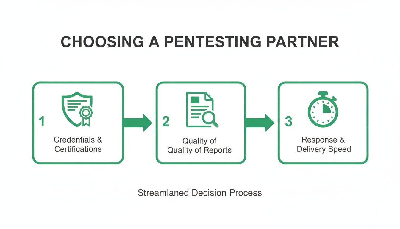 A flowchart outlining three key factors for choosing a pentesting partner: credentials, report quality, and delivery speed.
