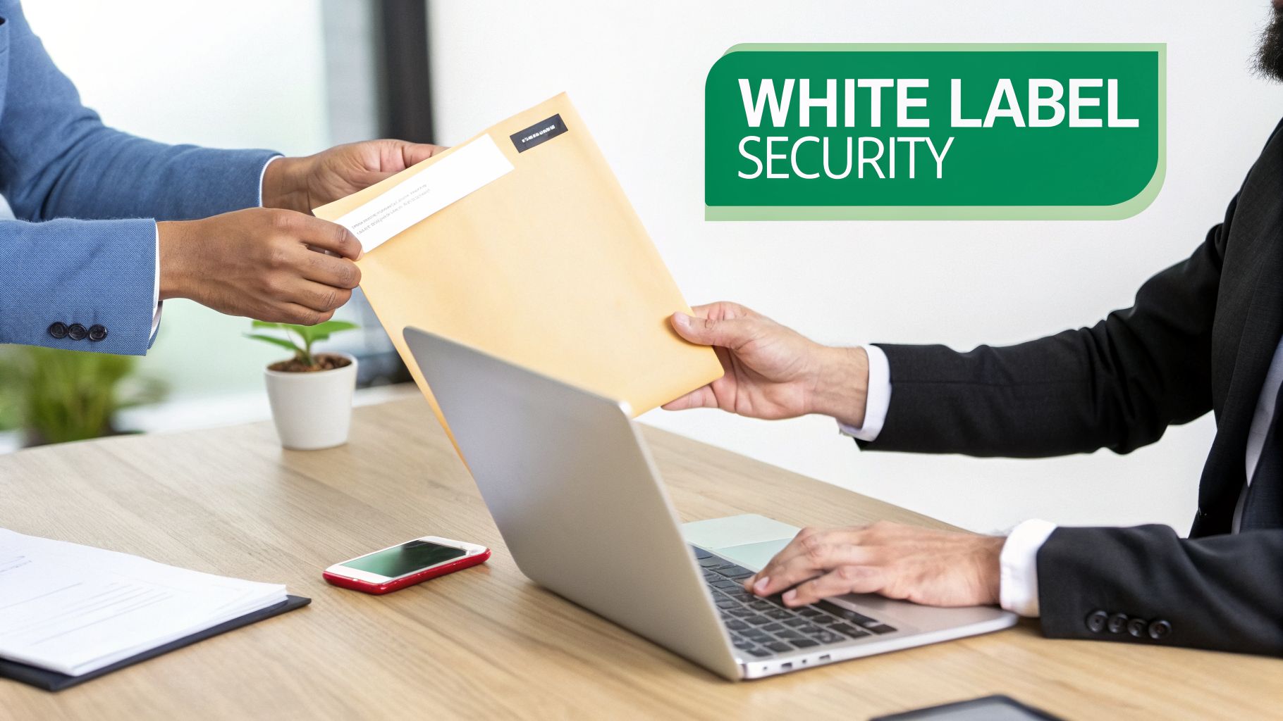 Two men in suits transferring an brown envelope over a desk with a laptop, representing secure document exchange.