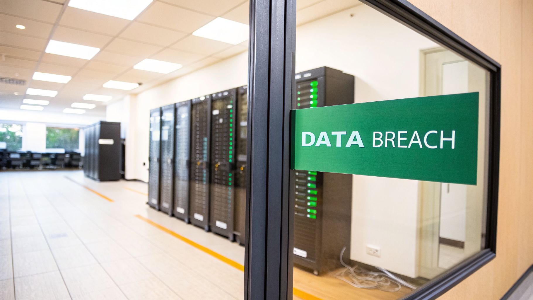 Server room with active data racks and a clear 'DATA BREACH' sign on the glass entrance.