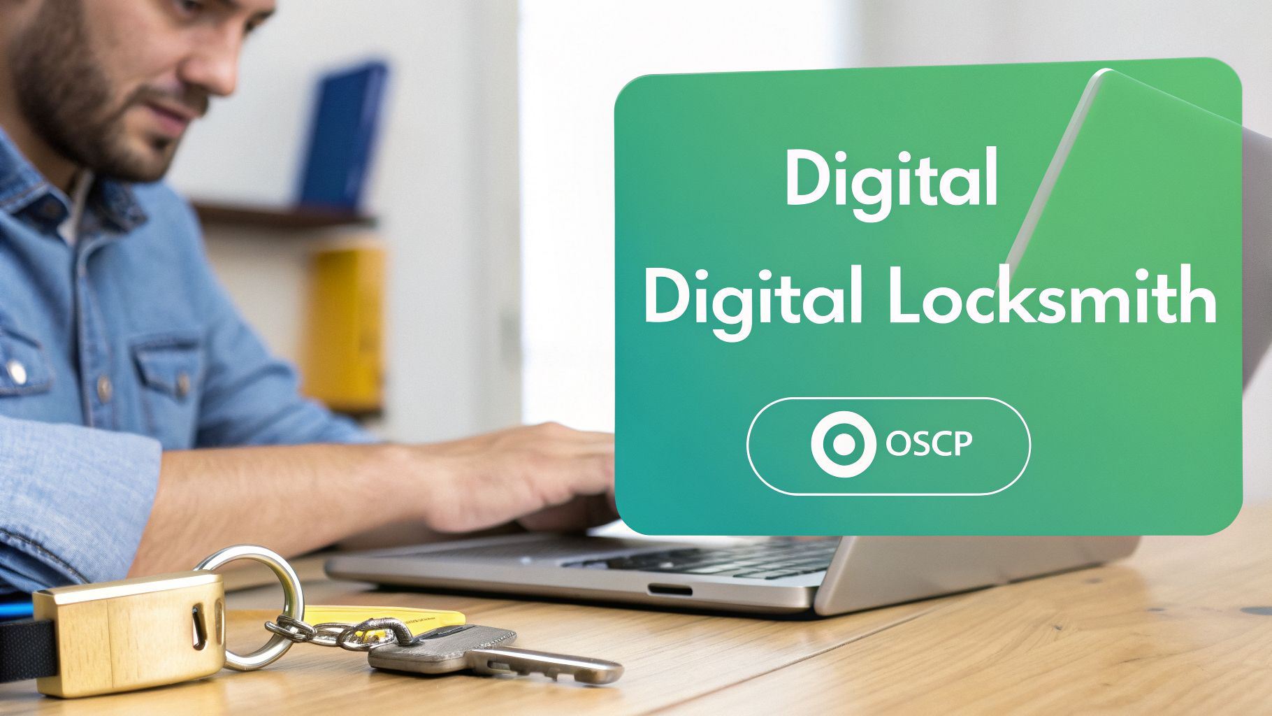 A man working on a laptop, with a padlock and keys on the desk, next to a 'Digital Locksmith' sign.