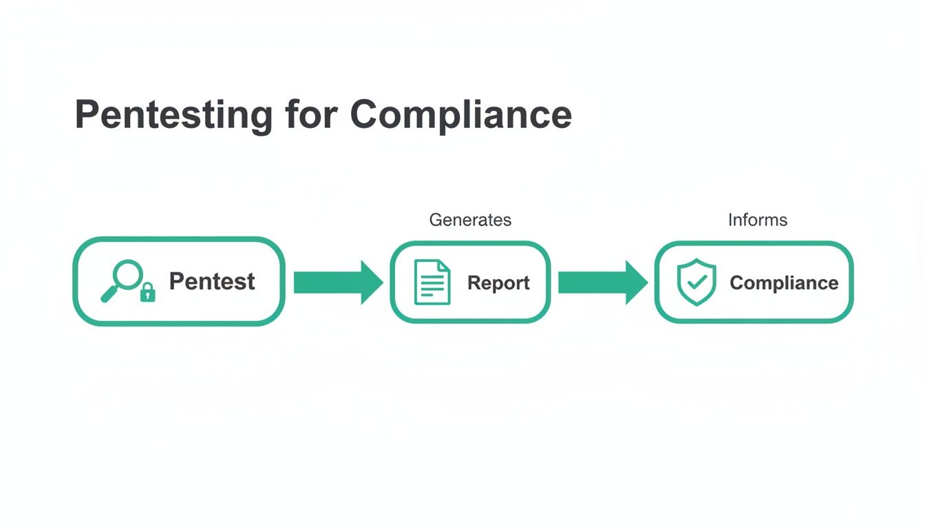 Flowchart illustrating the process of pentesting, generating a report, and informing compliance efforts.