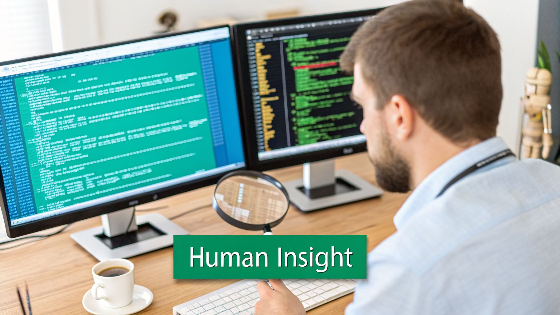 A bearded man analyzes code on two monitors with a magnifying glass and coffee.