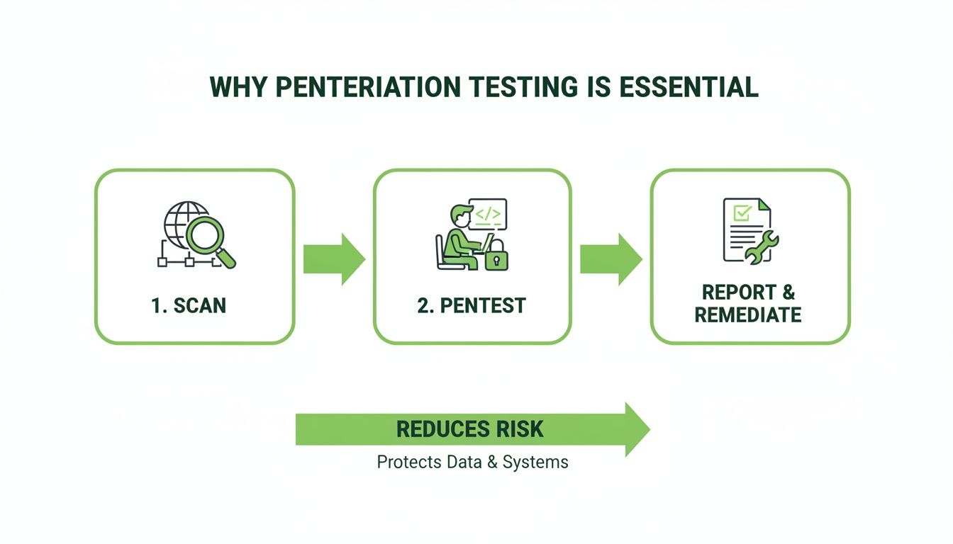 Flowchart detailing the essential steps of penetration testing: scan, pentest, report, and remediation, reducing risk and protecting systems.