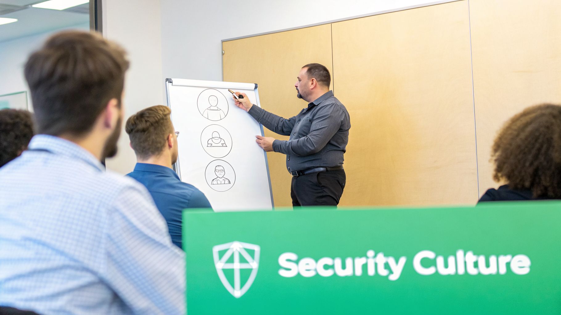 A man presenting drawings on a whiteboard to an audience at a "Security Culture" event.