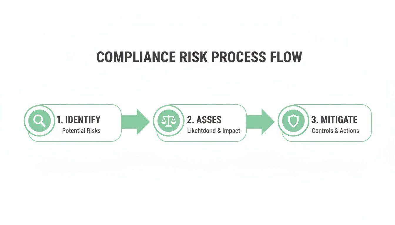 A compliance risk process flow chart outlining three steps: identify, assess, and mitigate risks.