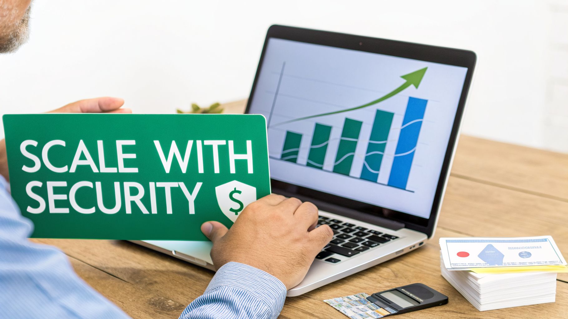 A person holds a 'Scale With Security' sign, looking at a laptop showing a financial growth chart.