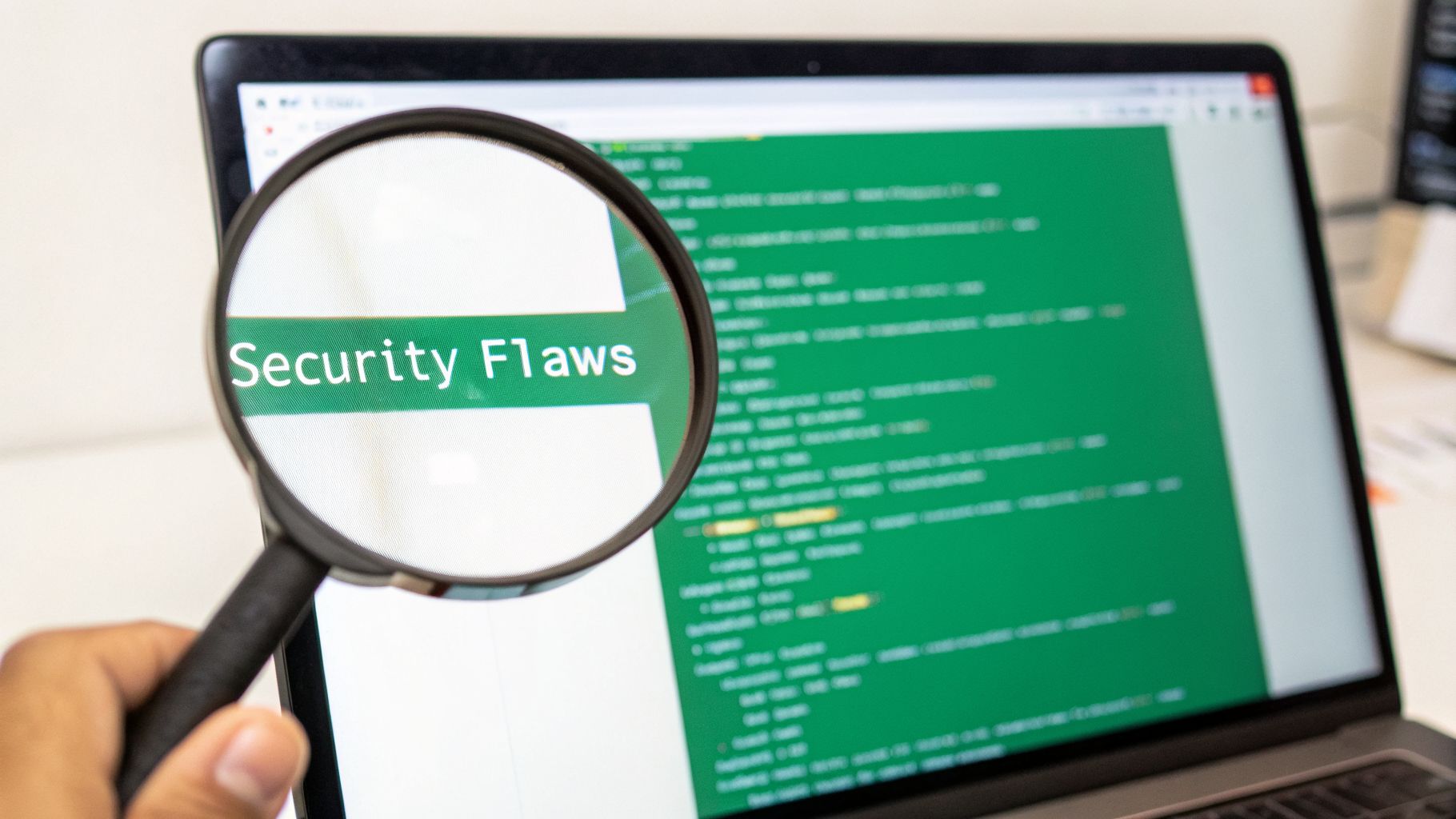 A hand holds a magnifying glass highlighting 'Security Flaws' on a laptop screen with code.