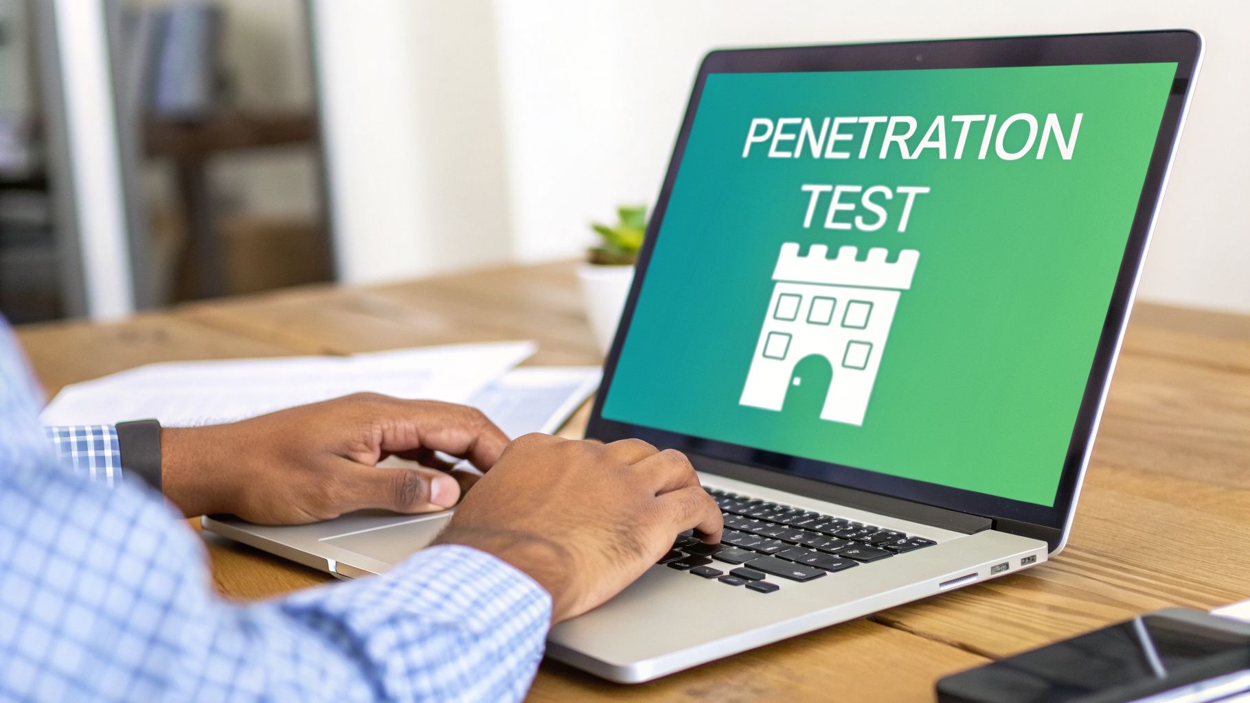 A person's hands typing on a laptop displaying 'PENETRATION TEST' and a castle icon.