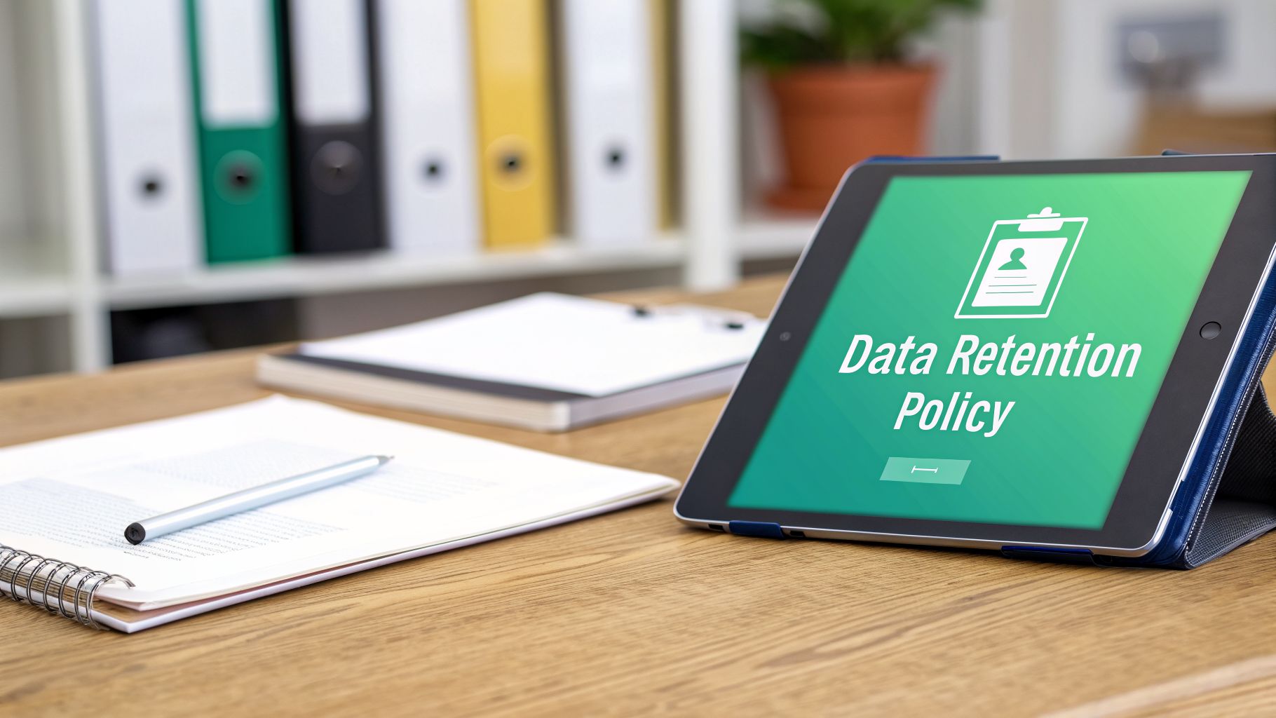 A tablet displaying 'Data Retention Policy' on an office desk with a pen and documents.